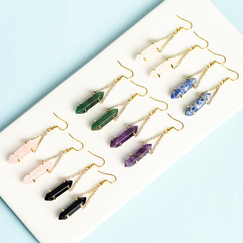 Natural Crystal Raw Stone Hexagonal Prism Earrings