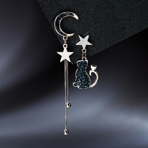 Blue Asymmetrical Cat Moon Earrings