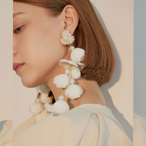 925 Silver Pin Pearl Mesh Flower Tassel Earrings