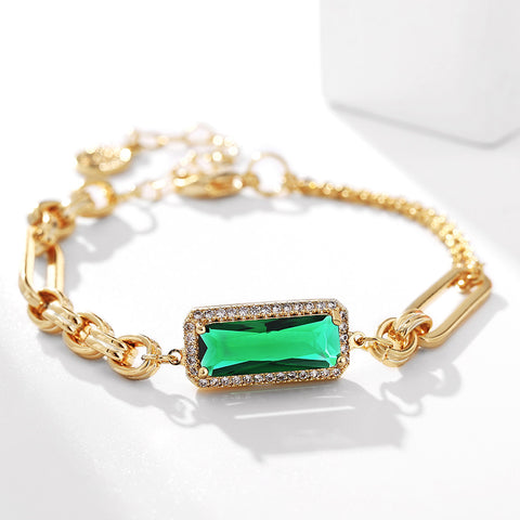 Gold Rectangle Green Crystal Bracelet