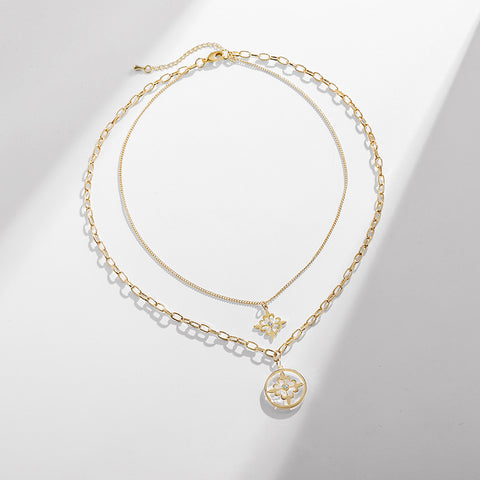 Champagne Gold Double Layered Flower Pendant Necklace