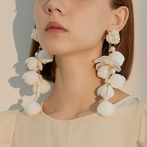 925 Silver Pin Pearl Mesh Flower Tassel Earrings