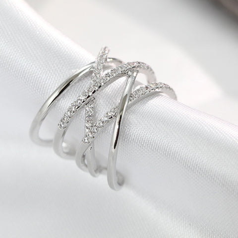 Silver and White Stacked Crossover Open End Ring