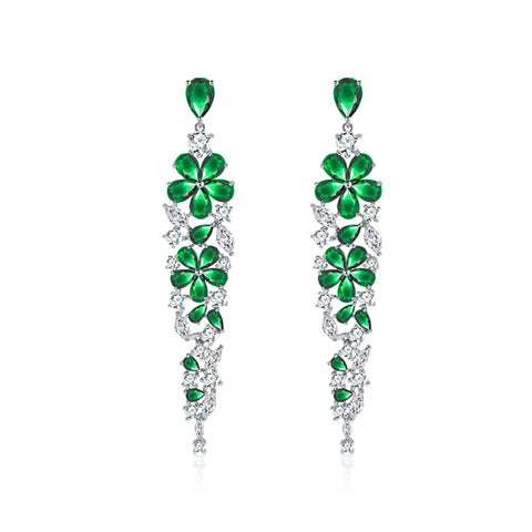 Cherry Blossom Tassel Emerald Drop Crystal Earrings