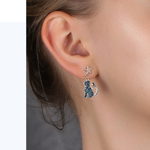 Blue Asymmetrical Cat Moon Earrings