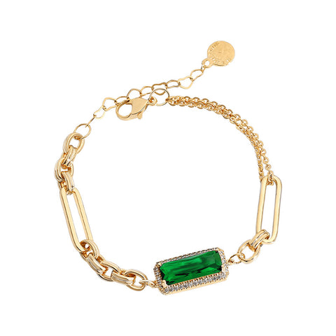 Gold Rectangle Green Crystal Bracelet