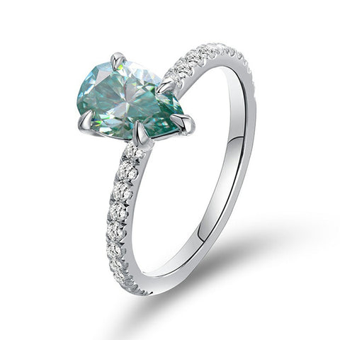 1.5Ct Teardrop Light Blue Green Moissanite Ring