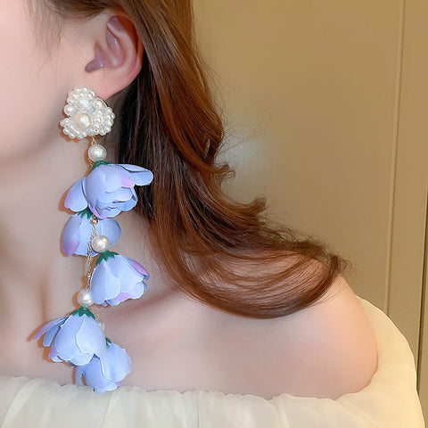 925 Silver Pin Pearl Mesh Flower Tassel Earrings