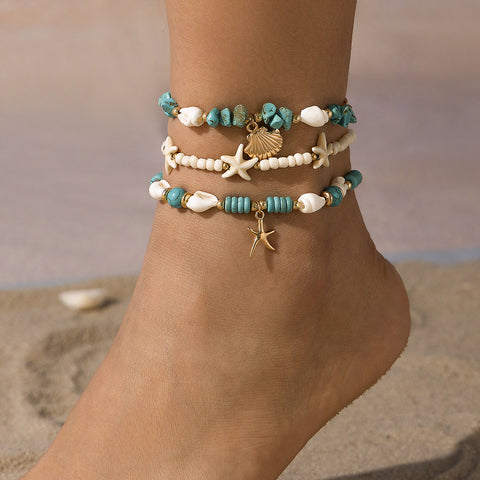 Holiday Beach Style Simple Starfish Multi-Layered Rice Bead Anklet