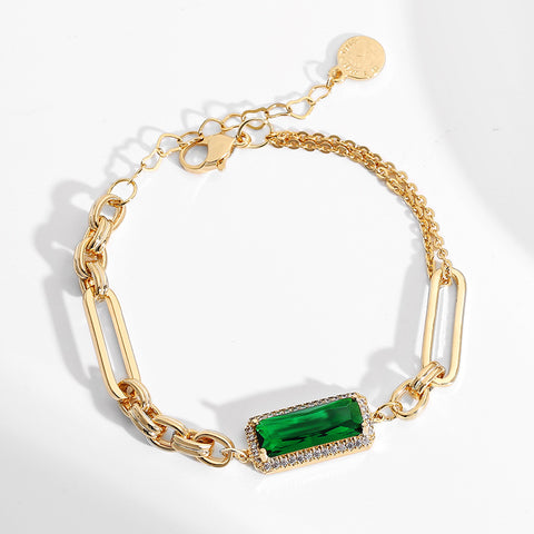 Gold Rectangle Green Crystal Bracelet