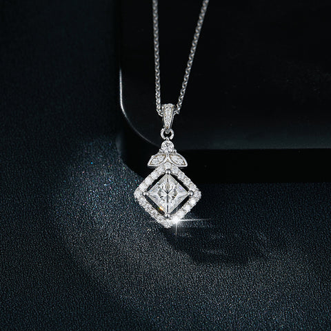 1.2Ct Moissanite Princess Square Necklace S925Silver Plated 18k white Gold