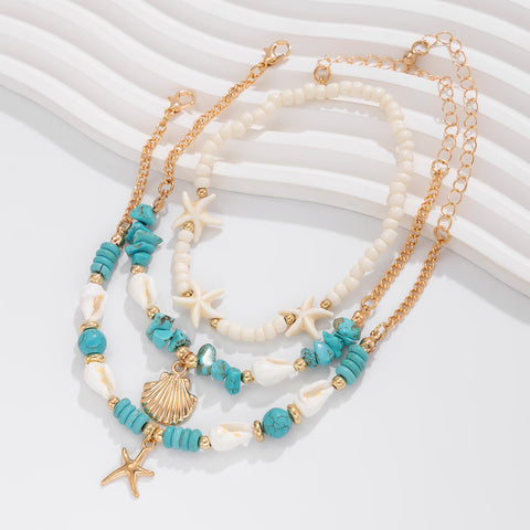 Holiday Beach Style Simple Starfish Multi-Layered Rice Bead Anklet