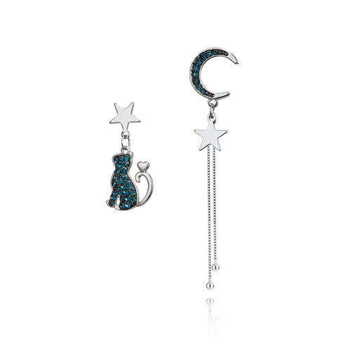 Blue Asymmetrical Cat Moon Earrings