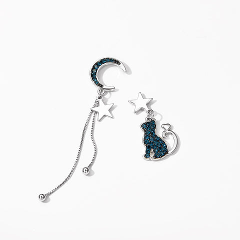 Blue Asymmetrical Cat Moon Earrings