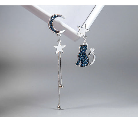 Blue Asymmetrical Cat Moon Earrings