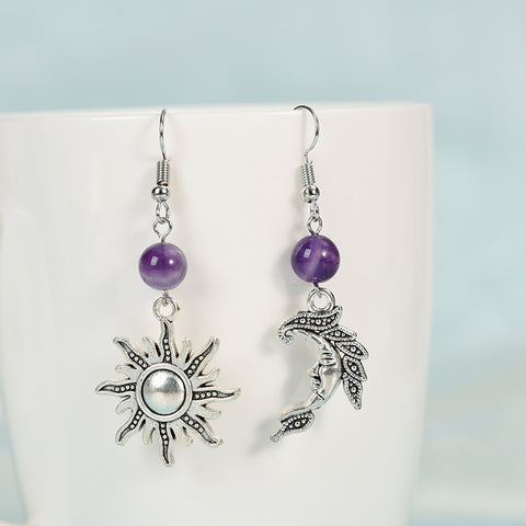 Asymmetrical Star and Moon Natural Crystal Earrings