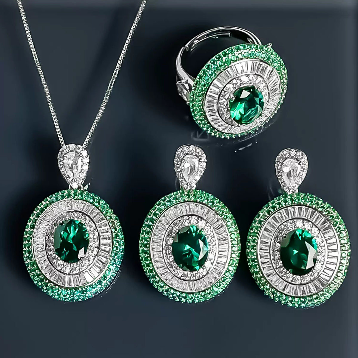 Emerald Necklace, Earrings, Ring Set