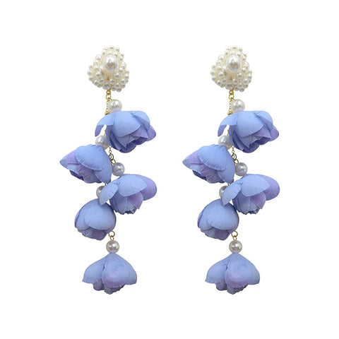 925 Silver Pin Pearl Mesh Flower Tassel Earrings