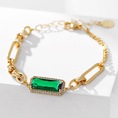 Gold Rectangle Green Crystal Bracelet