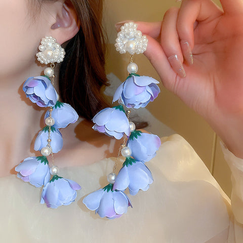 925 Silver Pin Pearl Mesh Flower Tassel Earrings