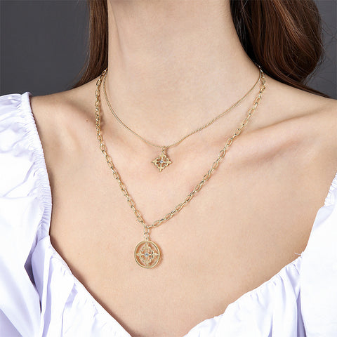 Champagne Gold Double Layered Flower Pendant Necklace